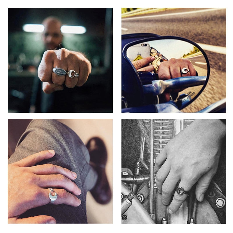 Punk Gothic Wrench Open Ring in Black Stainless Steel