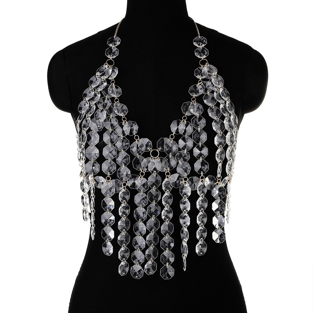 Sexy Metal Acrylic Body Chain For Women Fashion Punk Backless Crystal Halter Dress Masquerade Stage Party Jewelry Accessories