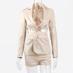 JillPeri Long Sleeve Hollow Out Waist Top and Shorts Two Piece Set for Fall Women Sexy Blazer Two Piece Outfits
