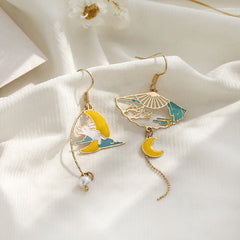 Chinese Style Folding Fan Crane Carp Lotus Asymmetrical Long Tassel Dangle National Style Earrings for Women Jewelry Gift