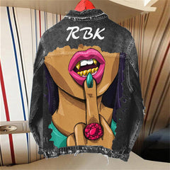Retro high street personality print 2021 women&#39;s designer denim jacket loose print single-breasted lapel female jacket