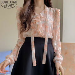 Autumn V-neck Sweet Floral Print Chiffon Blouse Fashion Ruffled Bow Tie Shirt Women Long Sleeve Shirt Tops Clothes Blusas 16559