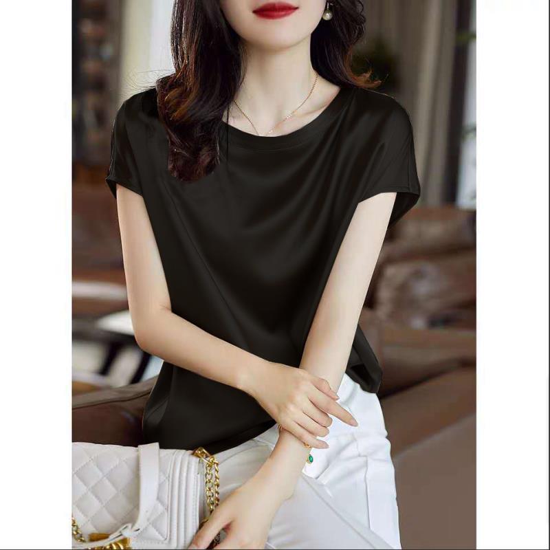 Silk Thin Short Sleeve Tees Elegant Black Brown Tops Solid Loose Casual