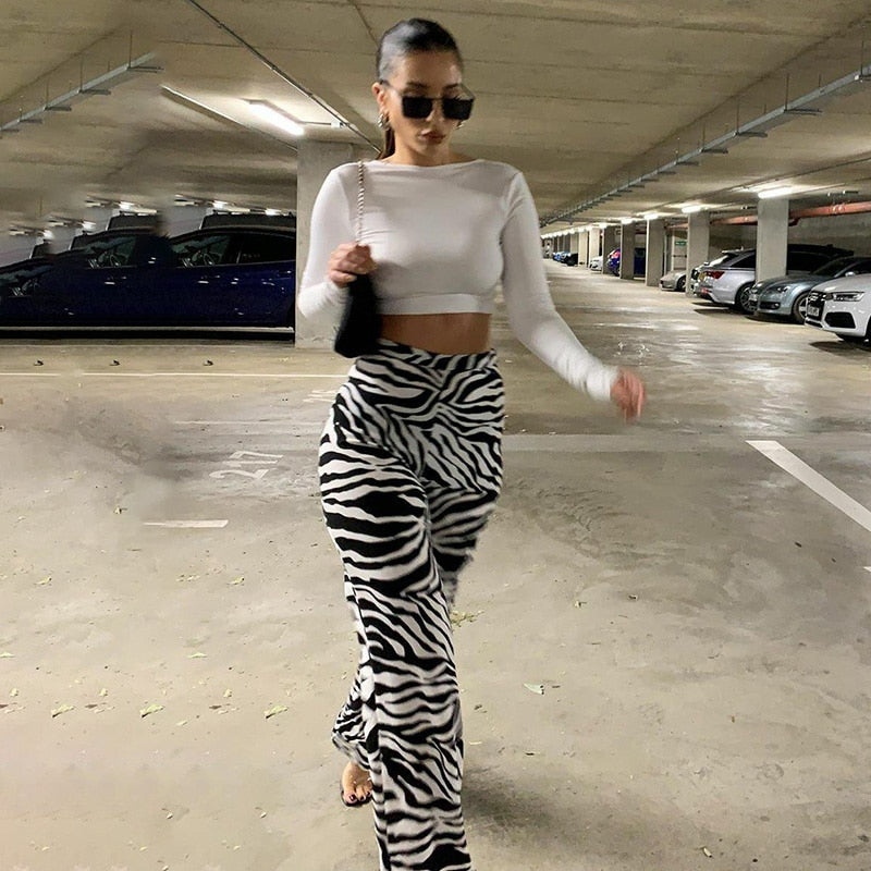 InstaHot Women&#39;s Flare Pant Animal Printed High Waist Autumn Streetwear Trousers 2020 Fashion Soft Female Striped Pantalones