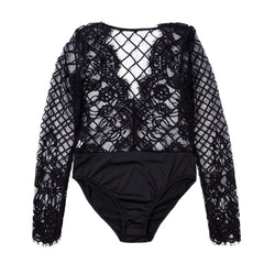 Sexy Ladies V Neck Bodysuit Blackless Laced Blouse Long Sleeve Chemise  Autumn Spring Casual Tops Clothes