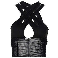BOOFEENAA Sexy Cross Crop Top Black Mesh Patchwork Cyber Y2k Womens Clothing See Through Bralette Cute Tank Tops C15-BI10