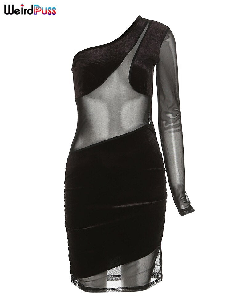 Weird Puss Velvet Mesh Patchwork Dress Women Diagonal Collar One Shoulder Sexy Elastic Skinny Bodycon Trend Party Club Outfit