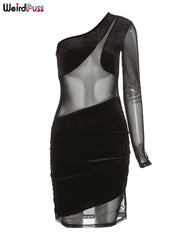Weird Puss Velvet Mesh Patchwork Dress Women Diagonal Collar One Shoulder Sexy Elastic Skinny Bodycon Trend Party Club Outfit
