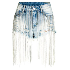 Sexy Fringe Denim Shorts Women Ripped Jeans Rhinestone Embellished Female Short Trousers Tassel High Street Clothing Plus Size