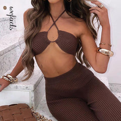 Wefads Woman Jumpsuit Two-piece Set Drawstring Halterneck Casual Suit Sexy Club Party Style In 2021 Summer
