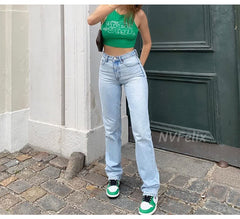 Straight Leg Jeans For Loose High Waist Trousers Casual Blue Wash Cotton Denim Baggy  Jeans