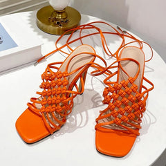 Fashion Handmade Design Weave Hollow Gladiador Sandals Women Summer Orange Square Toe Cross-Tied Stiletto Heels Ladies Shoes