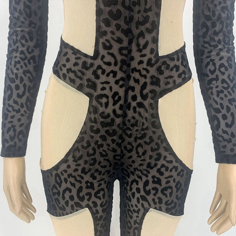 Sheer Mesh Patchwork Sexy Jumpsuit Clubwear Bodycon Overalls for Women Long Sleeve Party Club Outfits Skinny Leopard Jumpsuit