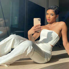 JillPeri Strapless Corset Crop Top and Flare Pants Sets Solid High Waist Women Sexy Outfit Elegant Casual Legging 2 Piece Set