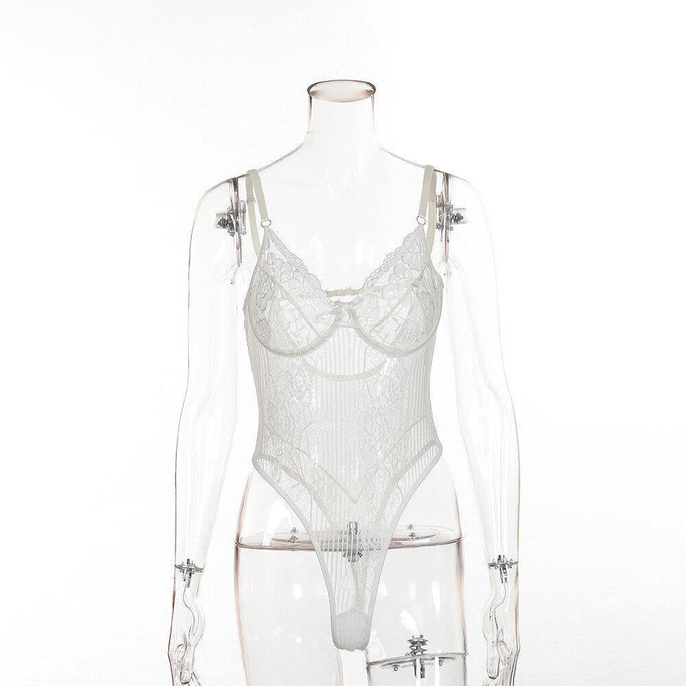Yimunancy Floral Sheer Lace Bodysuit Women Backless Transparent Mesh Bodysuit Bow Sexy Bodysuit Ladies Cut Out Strap Jumpsuit