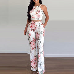 Floral Print Sleeveless Sexy Skinny Crop Top Boho Style Two Pieces Suit