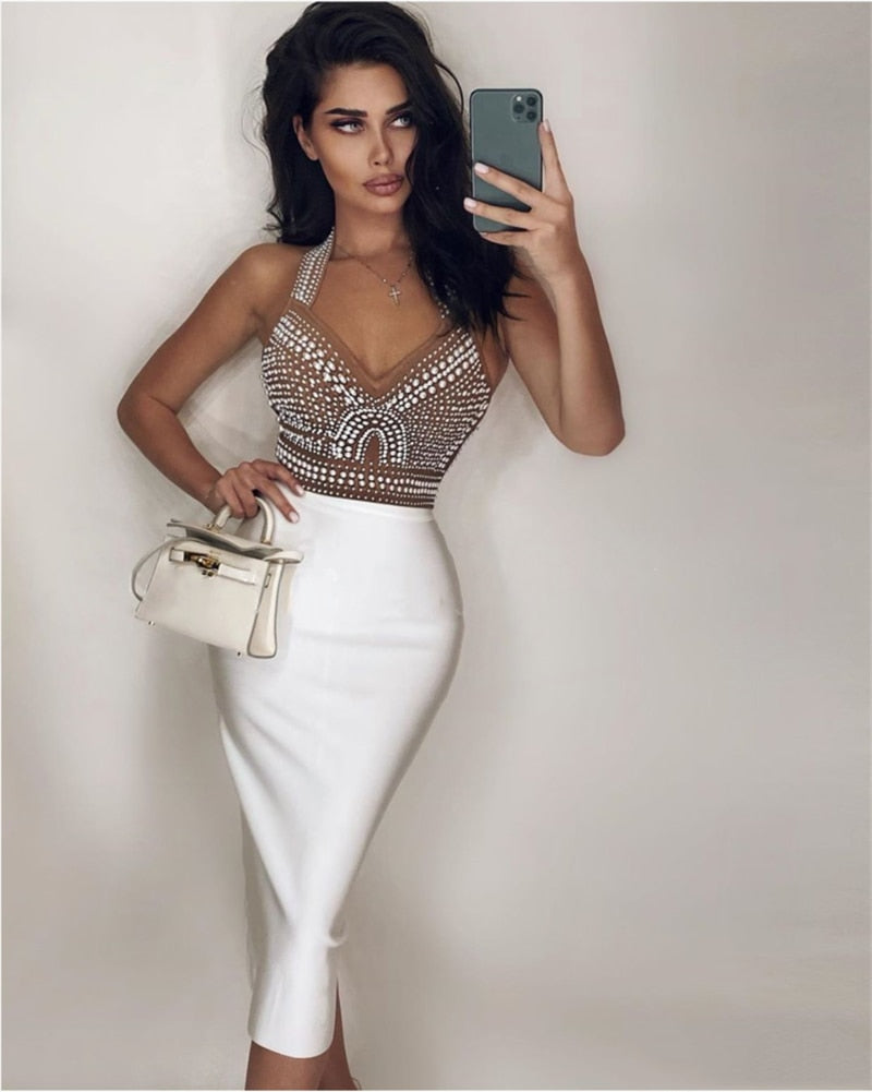 White Black Sexy Off Shoulder Sleeveless Beading Bandage Dress Main image