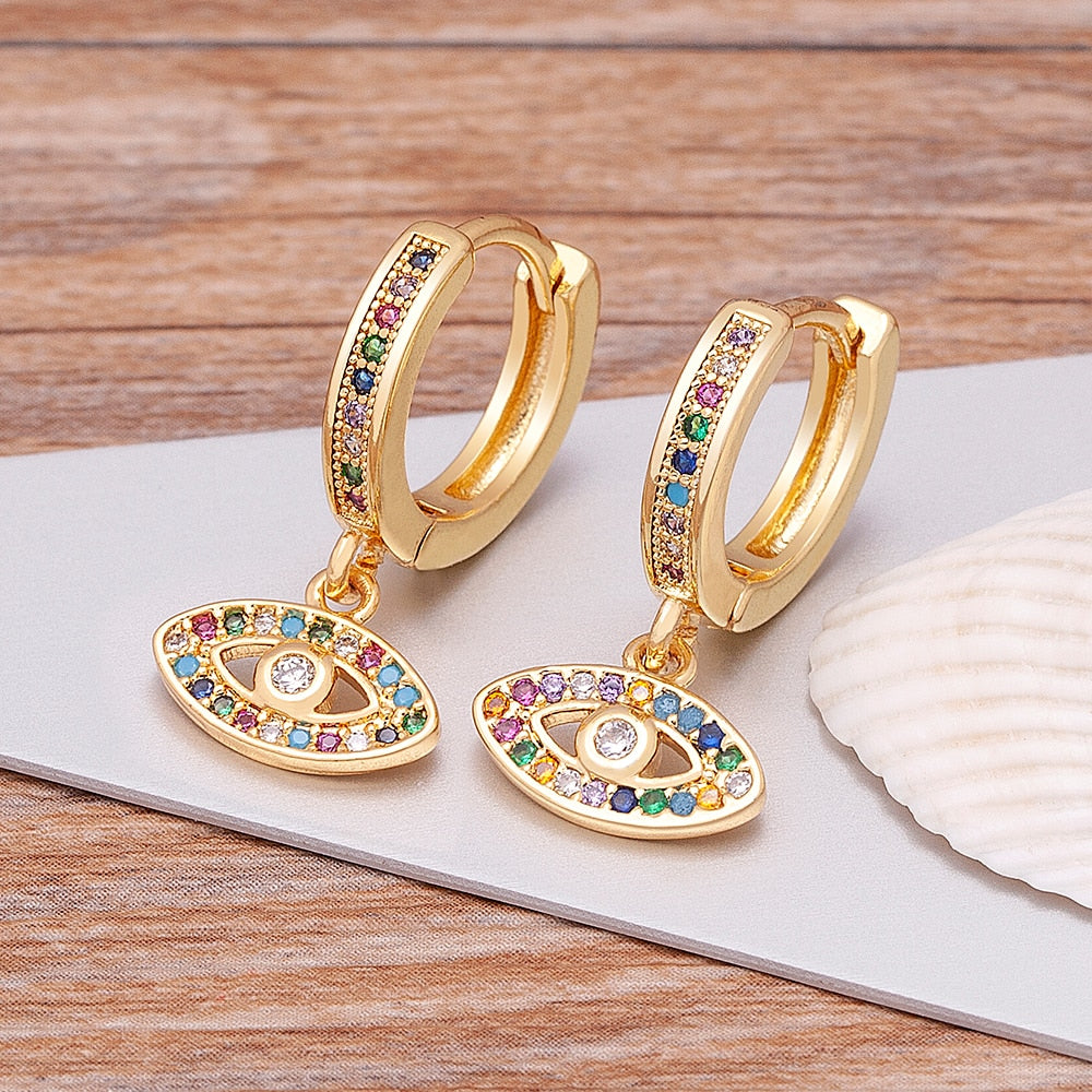 Hollow Blue Evil Eye Hoop Earrings Cute Unique Gold Color Crystal Drop Earrings