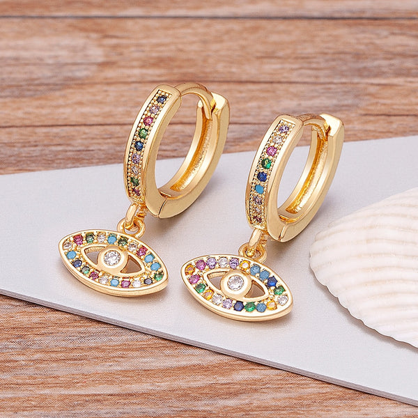 Hollow Blue Evil Eye Hoop Earrings Cute Unique Gold Color Crystal Drop Earrings