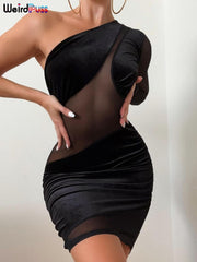 Weird Puss Velvet Mesh Patchwork Dress Women Diagonal Collar One Shoulder Sexy Elastic Skinny Bodycon Trend Party Club Outfit
