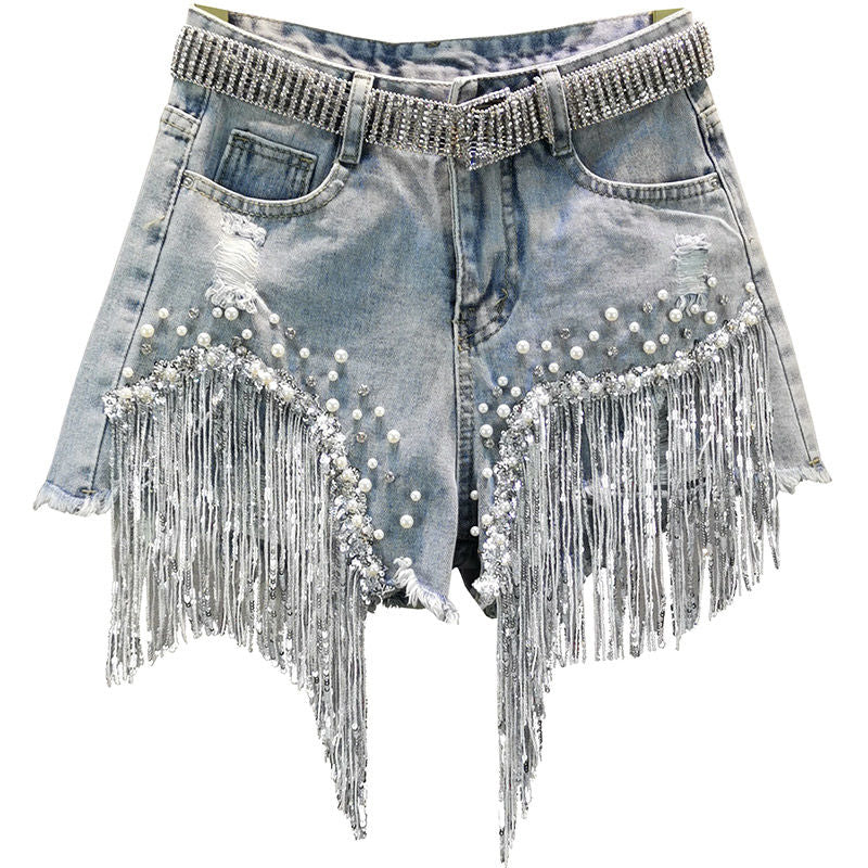 Elegant Shorts Lady Tassel Beading High Waist Wide Leg Denim one-piece