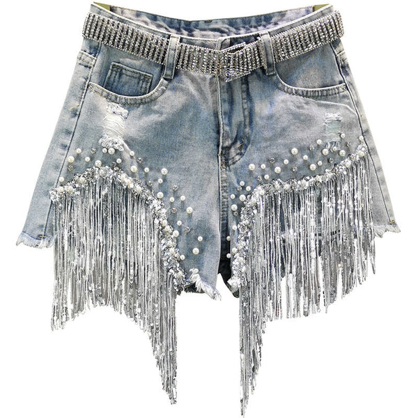 Elegant Shorts Lady Tassel Beading High Waist Wide Leg Denim one-piece