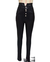 Autumn Women Plain PU Leather Buttoned Pants 2021 Femme Casual Solid Fly Waist Skinny Trousers Office Lady Outfits Clothing traf