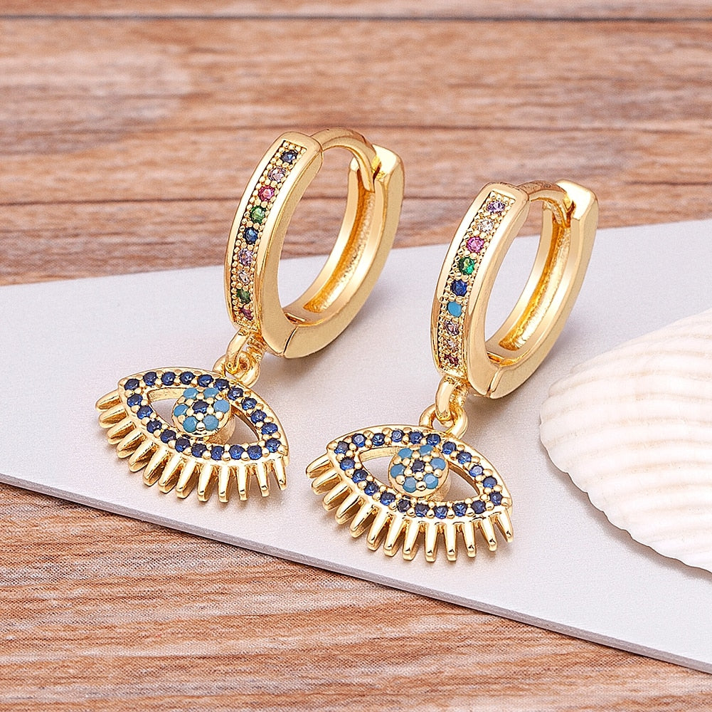 Hollow Blue Evil Eye Hoop Earrings Cute Unique Gold Color Crystal Drop Earrings