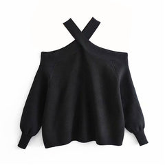 Stylish Halter Without Shoulder Sweater Stretchy Design Long Sleeve Female Chic Knitted Tops