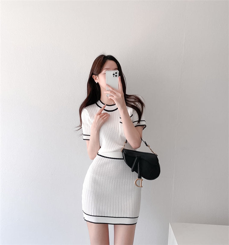 Buttons O-Neck Short-Sleeve Knitting Shirt+Mini Skirt 3-Piece Set Women&#39;s Sweater Cardigan Summer Fall 2021 New Korea Sweet Suit