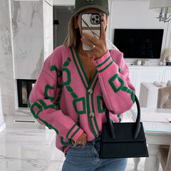 Women Cardigan Green Striped Pink Knit Button Lady Cardigans Sweaters V-neck Loose Casual Winter Fashion Knitted Coat