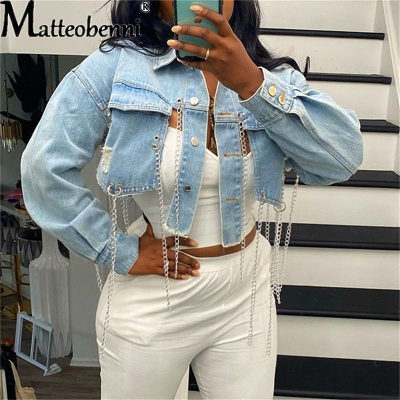 Women Sexy Ripped Denim Jackets Fashion Casual Asymmetric Short Jeans Jacket Long Sleeve Backless Chains Cropped Coat Streetwear