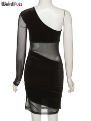 Weird Puss Velvet Mesh Patchwork Dress Women Diagonal Collar One Shoulder Sexy Elastic Skinny Bodycon Trend Party Club Outfit