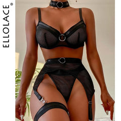 Ellolace Four-Piece Set Erotic Lingerie Transparent Bra Kit Push Up See Through Lace Langerie Mesh Seamless Underwear Garters