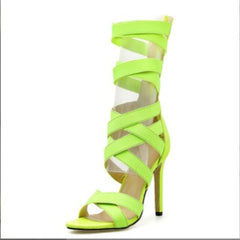 Autumn Fashion Fluorescent green Stretch Fabric Zipper Women Sandals Peep Toe High Heels Hollow Out Ankle Boots Sandals