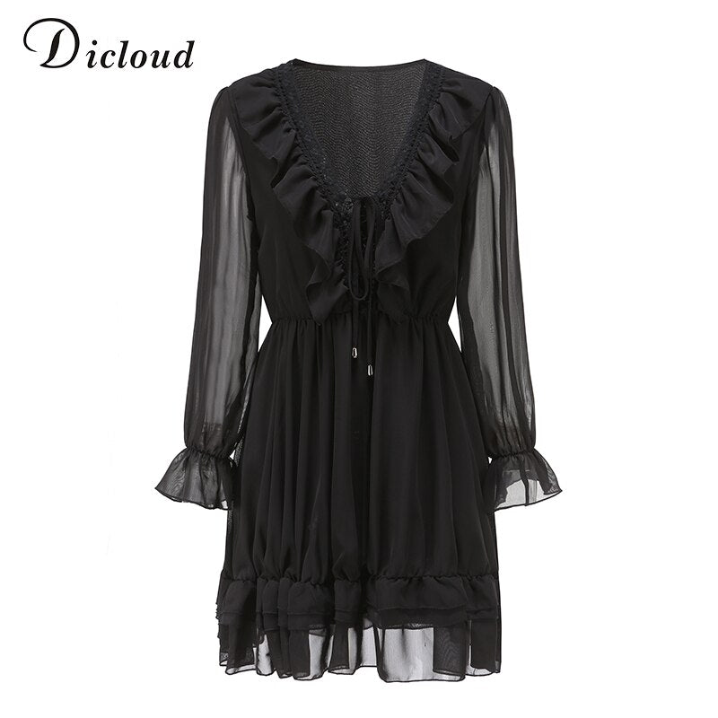 DICLOUD Sexy Lace Women&#39;s Party Dress Elegant Long Sleeve Ruffle Chiffon White Dress Summer V Neck Ladies Wedding Clothing 2021
