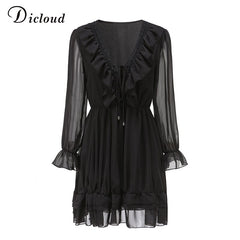 DICLOUD Sexy Lace Women&#39;s Party Dress Elegant Long Sleeve Ruffle Chiffon White Dress Summer V Neck Ladies Wedding Clothing 2021