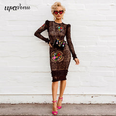 2022 New Women&#39;s Celebrity Club Party Dress Vestidos Graceful Floral Embroidery Long Sleeves Ruffles Lace  Bandage Midi Dress