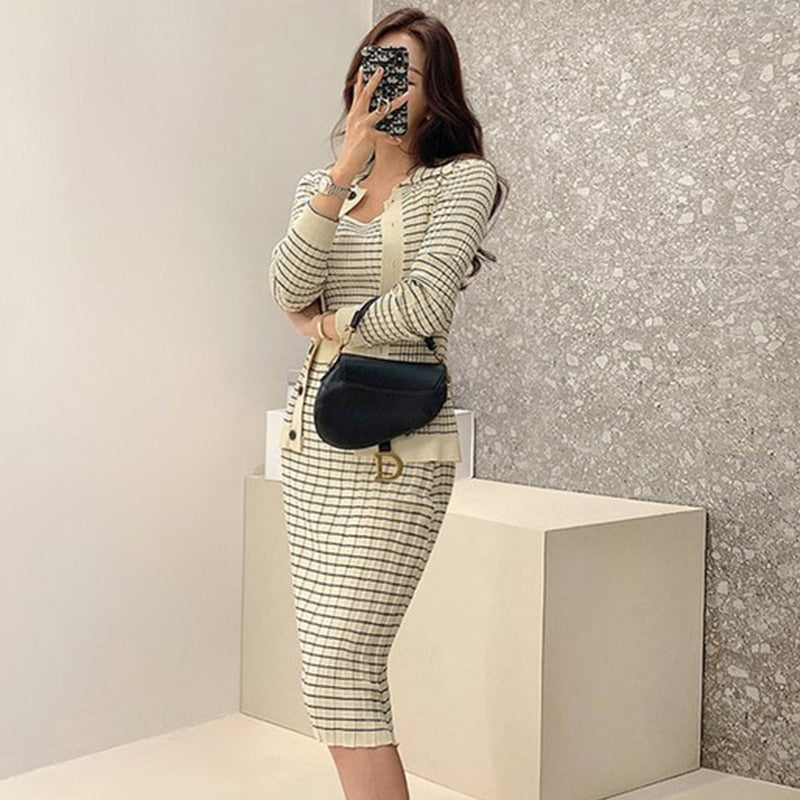 Knitting 3 Pieces Set Women Knitted Sling + Cardigan And Pencil Skirts