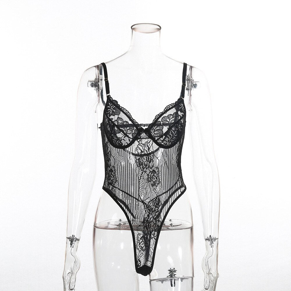 Yimunancy Floral Sheer Lace Bodysuit Women Backless Transparent Mesh Bodysuit Bow Sexy Bodysuit Ladies Cut Out Strap Jumpsuit