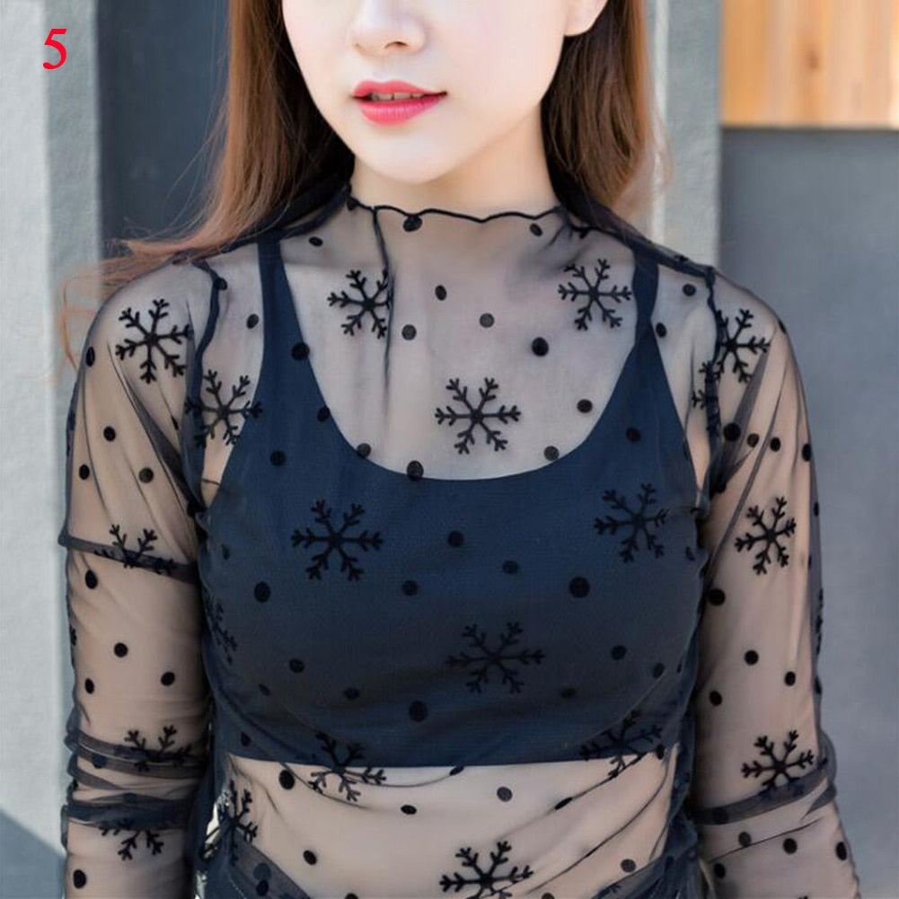 Mesh Sheer T-Shirts Long Sleeve Blouses  Transparent Tops