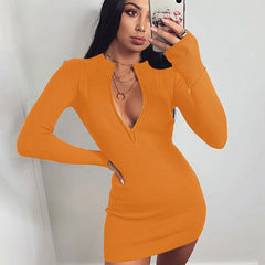 Women Winter Fall Bodycon Ribbed Dress 2020 New Stand Collar Zipper Deep V-neck Solid Stretch Bodycon Pencil Party Mini Vestido