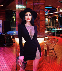 Beading Long Sleeve Rayon Bandage Sexy Hollow Out Mini Runway Dress