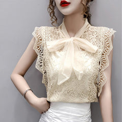 Solid Hollow Out Shirt Korean Fashion Clothing Vintage Sleeveless 2022 Womens Tops and Blouses Lace Patchwork Blusas 9811