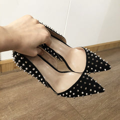Full Spikes Rivets Women Pointy Toe Stiletto Pumps Faux Suede