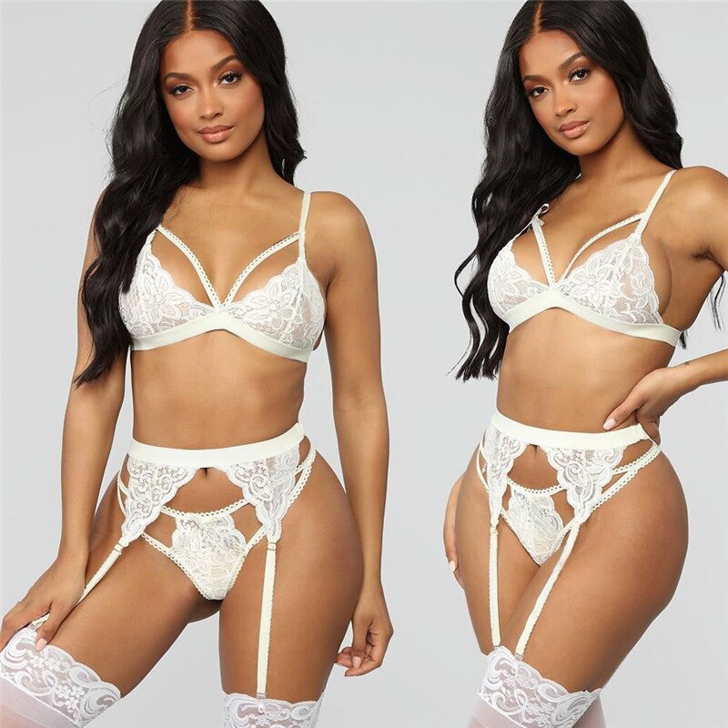 Leechee 3pcs Sexy Women's Underwear Floral Lace Lingerie Set With Garter Black Wire Free Brassiere Transparent Underwear Bra Set