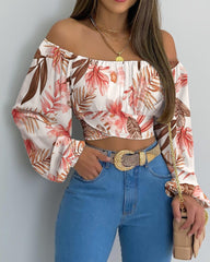 Autumn Women Daisy Print Crossed Tied Back Crop Top 2021 Femme Casual Off Shoulder Ruched Lantern Sleeve Blouse y2k Lady Outfits