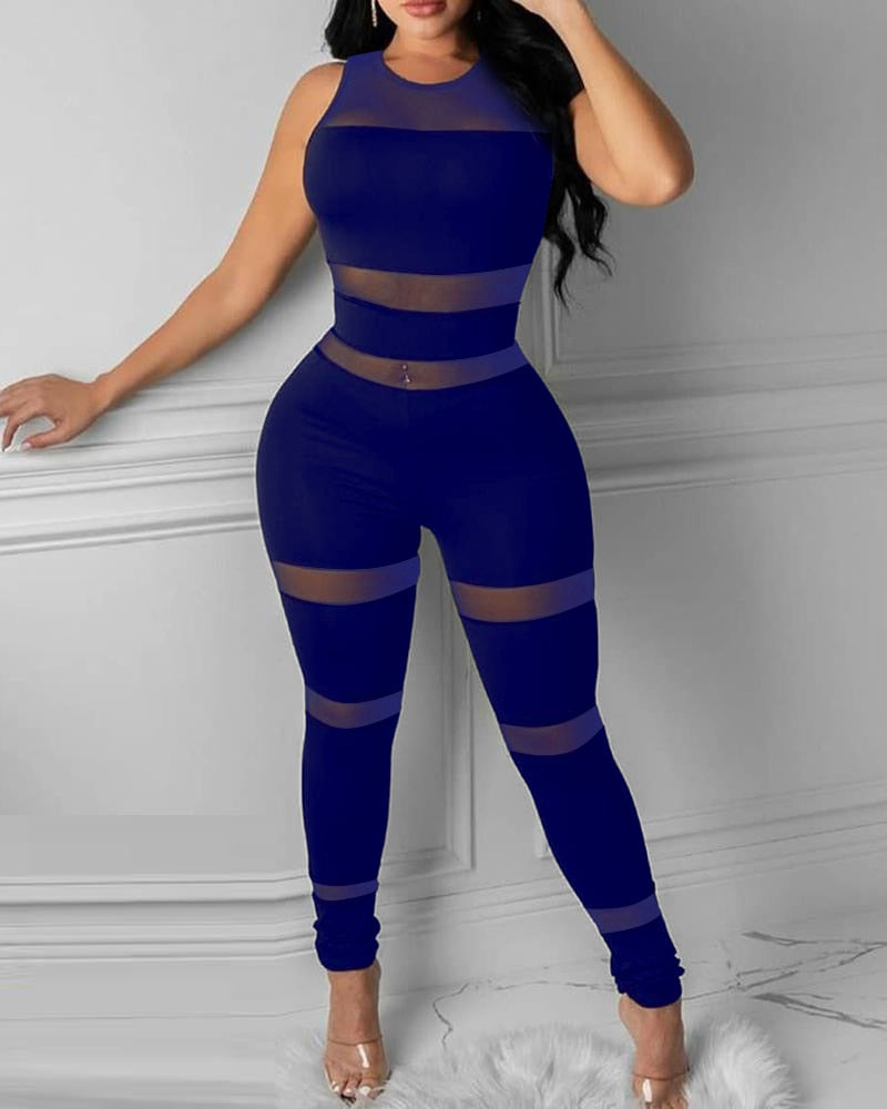 Jasmina Elegant Casual Sheer Mesh Thick Strap Sleeveless Skinny Jumpsuit