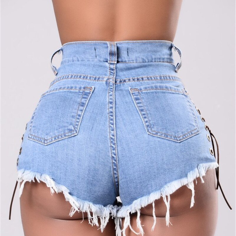 Vintage Ripped Hole Fringe Blue Denim Shorts Women Lace Up Casual Pocket Jeans Shorts 2021 Summer Women High Waist Fashion Jeans