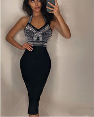 White Black Sexy Off Shoulder Sleeveless Beading Bandage Dress